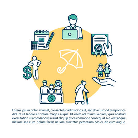 General insurance concept icon with text. Policy plan. Life assurance from childhood to retirement. PPT page vector template. Brochure, magazine, booklet design element with linear illustrationsのイラスト素材
