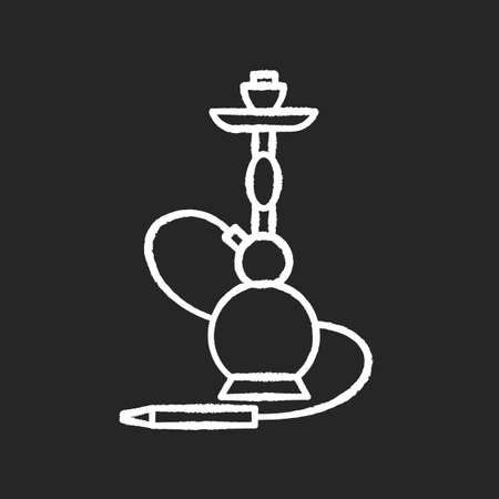 Hookah chalk white icon on black background. Sheesha house. Flavored turkish hooka. Nargile lounge. Odor from pipe. Scent of vaporizing. Smoking area. Isolated vector chalkboard illustrationのイラスト素材