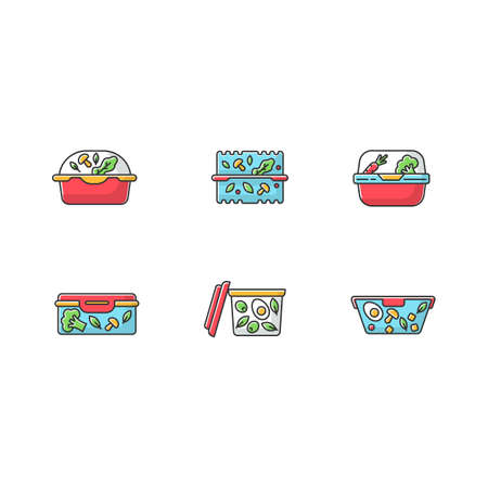 Plastic salad containers RGB color icons set. Reusable food packages. Lunch boxes. Packed dinner. Healthy nutrition. Take out meal storage, lunchboxes. Isolated vector illustrationsのイラスト素材