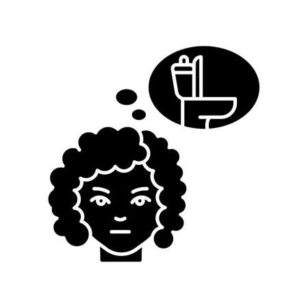 Frequent urination black glyph icon. Urgent need to pee. Early symptom of pregnancy. Public restroom use for cystitis. Silhouette symbol on white space. Vector isolated illustrationのイラスト素材