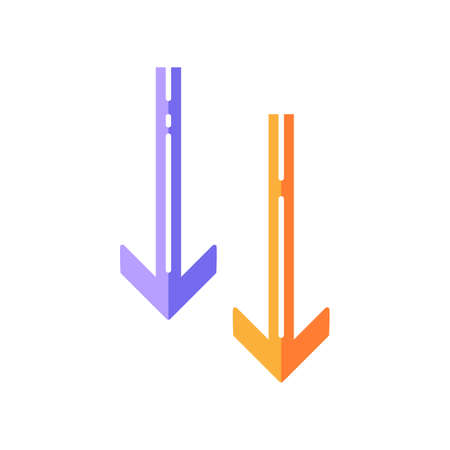 Moving down arrowheads flat design cartoon RGB color icon. Page browsing vertical direction. Scroll down arrows. Scrolldown application menu interface cursor. Vector silhouette illustrationのイラスト素材
