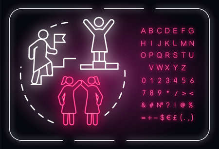Female achievements neon light concept icon. Womens accomplishments. Professional success. Feminism idea. Outer glowing sign with alphabet, numbers and symbols. Vector isolated RGB color illustrationのイラスト素材