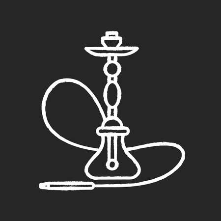 Hookah chalk white icon on black background. Sheesha house. Smoke pipe and relax indoors. Nargile lounge. Odor from pipe. Scent of vaporizing. Isolated vector chalkboard illustrationのイラスト素材