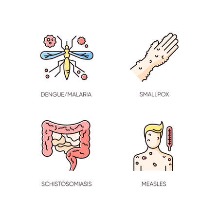 Contagious diseases RGB color icons set. Malaria, smallpox, schistosomiasis and measles infections. Healthcare and medicine. Various infectious illnesses isolated vector illustrationsのイラスト素材