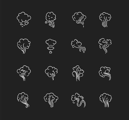 Odor chalk white icons set on black background. Emission, evaporation. Smell from hookah. Aroma from cannabis. Cigarette stream. Stink, fog. Isolated vector chalkboard illustrationsのイラスト素材