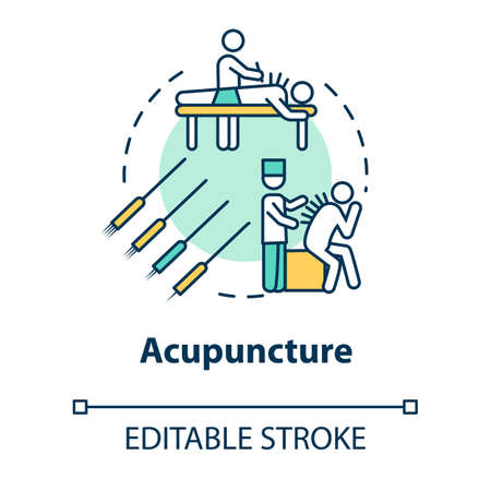 Acupuncture concept icon. Traditional chinese medicine, complementary therapy idea thin line illustration. Healing technique with needles. Vector isolated outline RGB color drawing. Editable strokeのイラスト素材