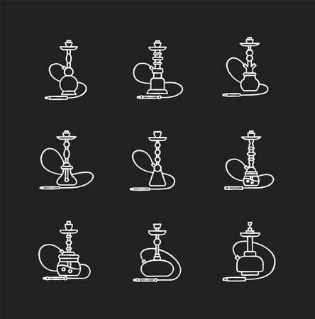Hookah chalk white icons set on black background. Custom object. Sheesha house. Nargile lounge. Odor from pipe. Scent of vaporizing. Smoking area. Isolated vector chalkboard illustrationsのイラスト素材