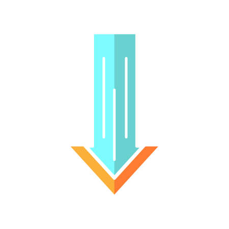 Down arrow flat design cartoon RGB color icon. Scrolldown interface navigational button. Swipe down gesture. Way direction indicator. Downloading process, web cursor. Vector silhouette illustrationのイラスト素材