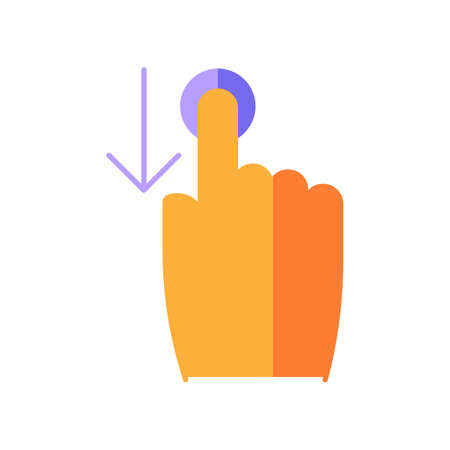 Down scrolling finger flat design cartoon RGB color icon. Scrolldown gesture for smartphone touch screen. Hand and downward arrow button. Computer cursor. Vector silhouette illustrationのイラスト素材