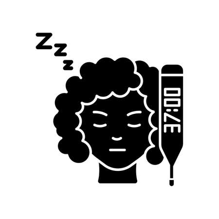 Raised basal temperature black glyph icon. Early pregnancy symptom. Girl feeling sick. Heatstroke. Feeling unwell. Thermometer check. Silhouette symbol on white space. Vector isolated illustrationのイラスト素材