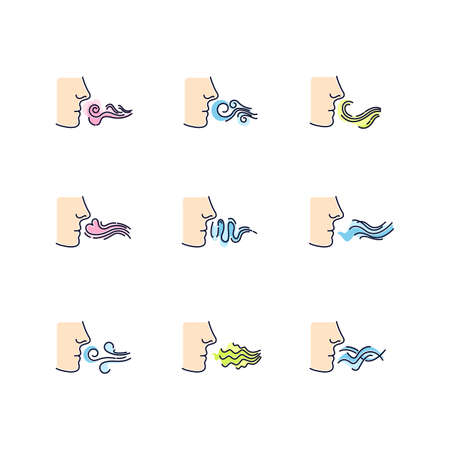 Nose smelling scent RGB color icons set. Person sniffing good and bad odor. Stinking stench. Evaporation flow. Perfume odour. Aromatic fragrance. Fume swirls. Isolated vector illustrationsのイラスト素材