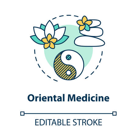 Oriental medicine concept icon. Alternative healing, complementary therapy idea thin line illustration. Traditional eastern treatment. Vector isolated outline RGB color drawing. Editable strokeのイラスト素材