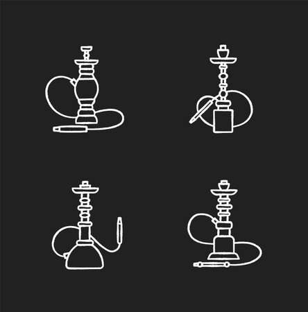 Hookah chalk white icons set on black background. Nargila option. Sheesha house. Popular souvenir. Odor from pipe. Scent of vaporizing. Smoking area. Isolated vector chalkboard illustrationsのイラスト素材