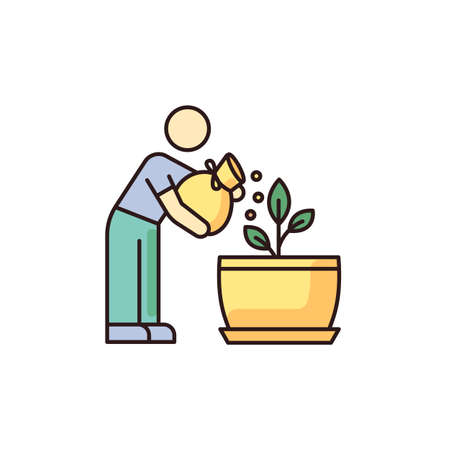 Fertilizing seedling RGB color icon. Feeding sapling. Houseplant care. Plant growing, planting process. Indoor gardening. Growth supplements, amendments. Isolated vector illustrationのイラスト素材