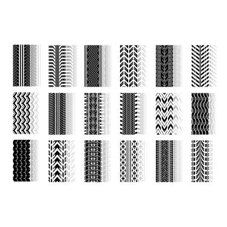 Tire tread drop shadow black glyph icons set. Detailed automobile, motorcycle, bike tyre marks. Car summer and winter wheel trace. Vehicle tire trail. Isolated vector illustrations on white spaceのイラスト素材