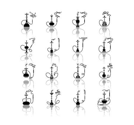 Hookah with odor drop shadow black glyph icons set. Incense puff from water pipe. Tobacco, marijuana. Sheesha bar. Smoke area. Arabic bar. Isolated vector illustrations on white spaceのイラスト素材
