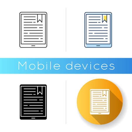 Handheld e-reader icon. E-book. Electronic book. Digital reading. Touchpad. Tablet. Display with text. Portable gadget. Technology. Linear black and RGB color styles. Isolated vector illustrationsのイラスト素材