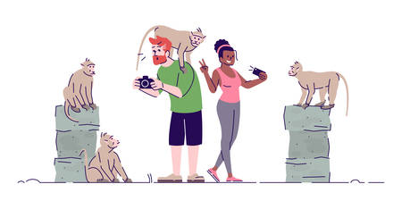 Man and woman taking photos of primates flat doodle illustration. Sacred monkey forest. Vacation in tropical country. Indonesia tourism 2D cartoon character with outline for commercial useのイラスト素材