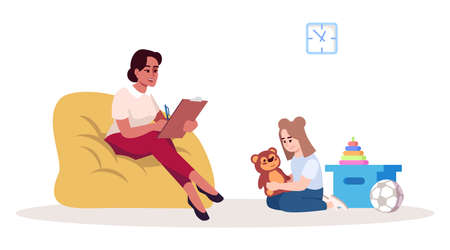 Child therapy session semi flat RGB color vector illustration. Female psychologist and teen girl. Behavioral psychology. Psychological consultation. Isolated cartoon character on white backgroundのイラスト素材