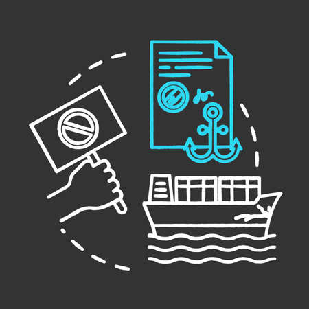 Maritime protest chalk RGB color concept icon. Sea law. Cargo damage. Notarized paper. Collision, problem. Notary service idea. Vector isolated chalkboard illustration on black backgroundのイラスト素材