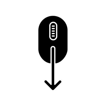 Mouse and down arrow black glyph icon. Web page scrolling down indicator. Cursor direction. Website pointer, app interface button. Silhouette symbol on white space. Vector isolated illustrationのイラスト素材