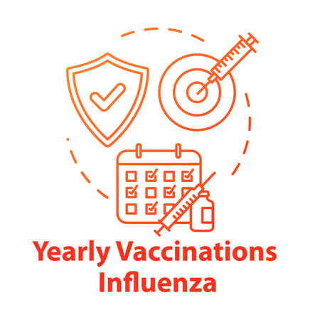 Yearly vaccination for influenza concept icon. Syringe with needle. Infection precaution. Healthcare treatment. Flu virus idea thin line illustration. Vector isolated outline RGB color drawingのイラスト素材