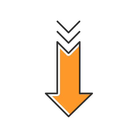 Down arrow orange RGB color icon. Scrolldown gesture, interface navigational button. Website pointer. Way direction indicator. Downloading process, web cursor. Isolated vector illustrationのイラスト素材