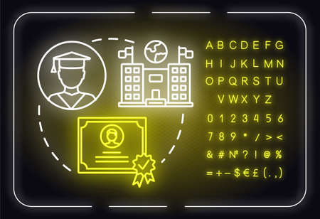 Education and self-development neon light concept icon. Aspiration goal. Academic studies idea. Outer glowing sign with alphabet, numbers and symbols. Vector isolated RGB color illustrationのイラスト素材