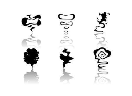 Odor drop shadow black glyph icons set. Smell from hookah. Aroma from cannabis. Cigarette stream. Bad scent. Hot mist. Incense, stench. Isolated vector illustrations on white spaceのイラスト素材