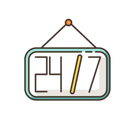 24 7 sign RGB color icon. Around the clock available service. Hanging store board. Everyday open store. Twenty four seven shop signage. Commerce and retail. Isolated vector illustrationのイラスト素材