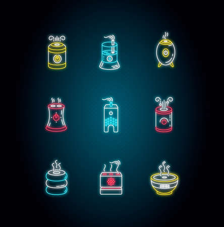 Air ionizers variety neon light icons set. Ultrasonic and steam air humidifiers, room climate control devices. Signs with outer glowing effect. Vector isolated RGB color illustrationsのイラスト素材