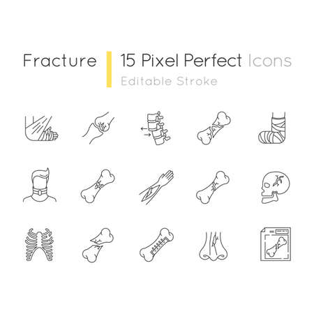 Bone fracture X-ray scan pixel perfect linear icon. Patient medical record. Broken bone treatment. Thin line customizable illustration. Contour symbol. Vector isolated outline drawing. Editable strokeのイラスト素材