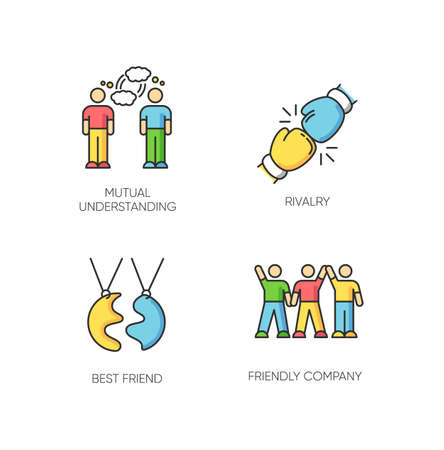 Friendship types RGB color icons set. Mutual understanding, rivalry, best friend and friendly company. Social connection, interpersonal relationship symbols. Isolated vector illustrations