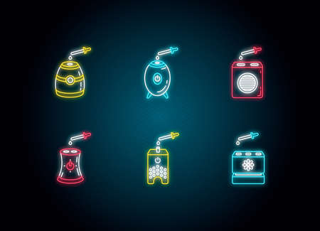 Air purifiers with oils neon light icons set. Climate devices, air fragrances, household appliances, humidity regulators. Signs with outer glowing effect. Vector isolated RGB color illustrationsのイラスト素材