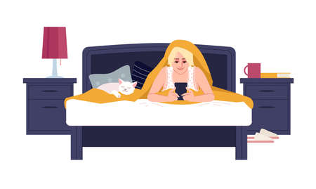 Girl in bed under blanket with head semi flat RGB color vector illustration. Lady having rest. Young woman lying in bedroom using smartphone, chatting isolated cartoon character on white backgroundのイラスト素材
