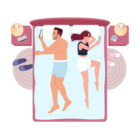 Couple ignoring and using smartphones in bed semi flat RGB color vector illustration. Gadget addiction. Wife with husband lying back to back and chatting isolated cartoon character on white backgroundのイラスト素材