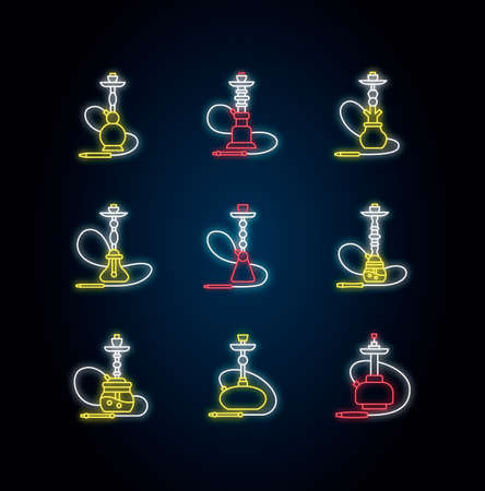 Hookah neon light icons set. Shisha with wire. Sheesha house. Nargile lounge. Odor from pipe. Scent of vaporizing. Smoking area. Signs with outer glowing effect. Vector isolated RGB color illustrationのイラスト素材