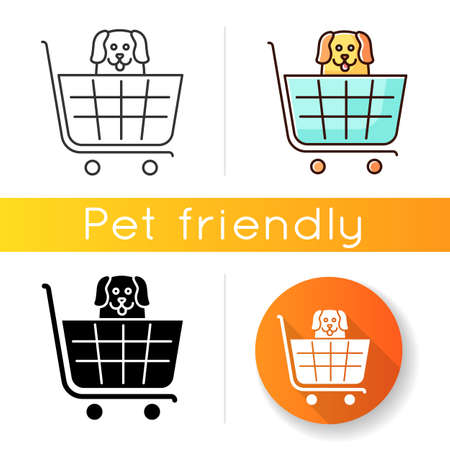 Dogs allowed supermarket, petshop icon. Doggy permitted shop, domestic animals welcome store. Happy puppy in shopping cart. Linear black and RGB color styles. Isolated vector illustrationsのイラスト素材