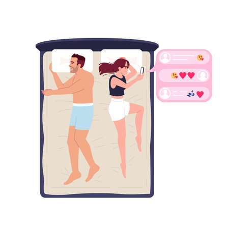 Wife and husband in bedroom resting semi flat RGB color vector illustration. Problem in family. Man sleeping and woman chatting with lover, texting message isolated cartoon character on whiteのイラスト素材