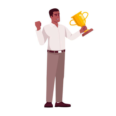 Awarding best worker semi flat RGB color vector illustration. Hard working employee with golden cup isolated cartoon character on white background. Professional motivation and remuneration conceptのイラスト素材