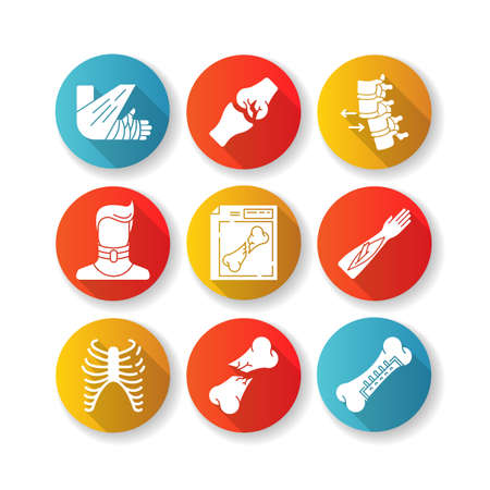 Bone fractures flat design long shadow glyph icons set. X-ray scan. Spine dislocation. Broken neck. Surgery. Open fracture. Limb and body part injuries. Healthcare. Silhouette RGB color illustrationのイラスト素材