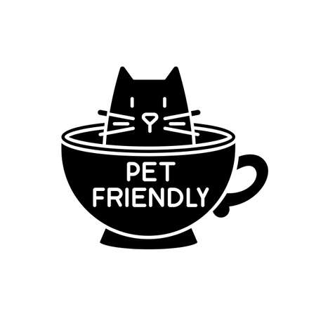Cat friendly cafe black glyph icon. Kitten permitted food service establishment. Domestic animals allowed territory, pets welcome zone. Silhouette symbol on white space. Vector isolated illustrationのイラスト素材