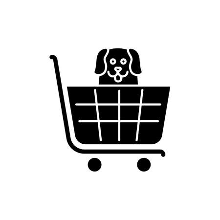 Dogs allowed supermarket, petshop black glyph icon. Doggy permitted shop, domestic animals welcome store. Happy puppy in shopping cart. Silhouette symbol on white space. Vector isolated illustrationのイラスト素材
