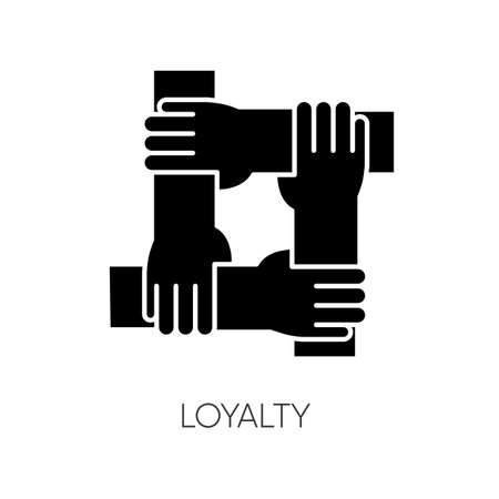 Loyalty black glyph icon. Social connection, collective bonding. Friendship, unity, teamwork silhouette symbol on white space. People holding together hands vector isolated illustrationのイラスト素材