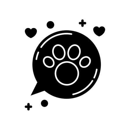 Domestic animals friendly area black glyph icon. Doggy and kitty welcome, pets allowed zone, paw print in speech bubble. Silhouette symbol on white space. Vector isolated illustrationのイラスト素材