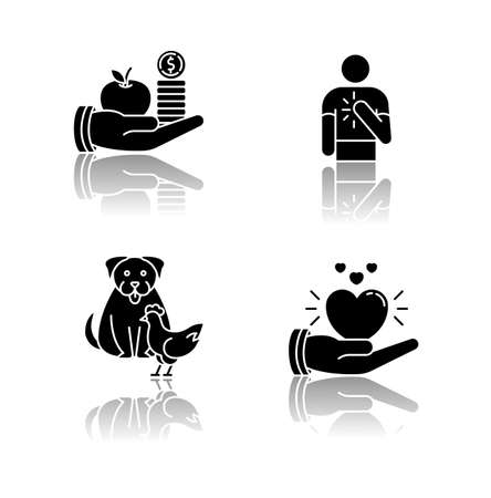 Friendly support drop shadow black glyph icons set. Interpersonal relationship symbols. Altruism, honesty, interspecies friendship and compassion. Isolated vector illustrations on white spaceのイラスト素材