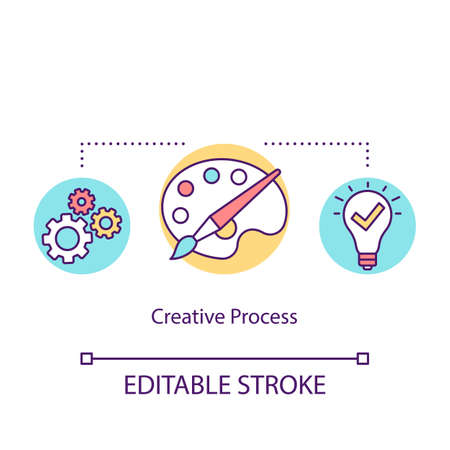 Creative process concept icon. Idea generation, plan forming, paperwork idea thin line illustration. Sketches and design creation. Vector isolated outline RGB color drawing. Editable strokeのイラスト素材