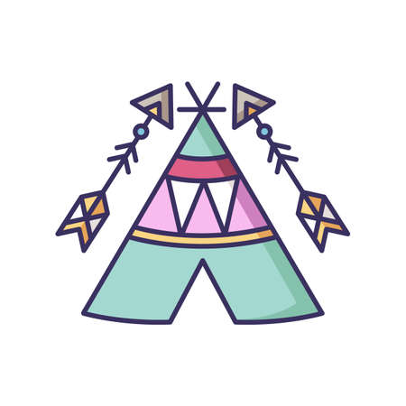 Tribal teepee in boho style RGB color icon. Native American Indian dwelling. Hut with ethnic...
