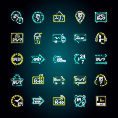 24 7 hour service neon light icons set. Around the clock working hours of convenience store. All week available shipping. Signs with outer glowing effect. Vector isolated RGB color illustrationsのイラスト素材