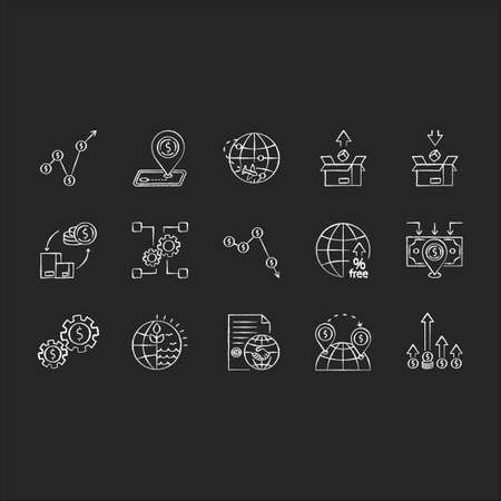 Global trade chalk white icons set on black background. World economics, investment and income. Export and import, business assets and natural resources. Isolated vector chalkboard illustrationsのイラスト素材